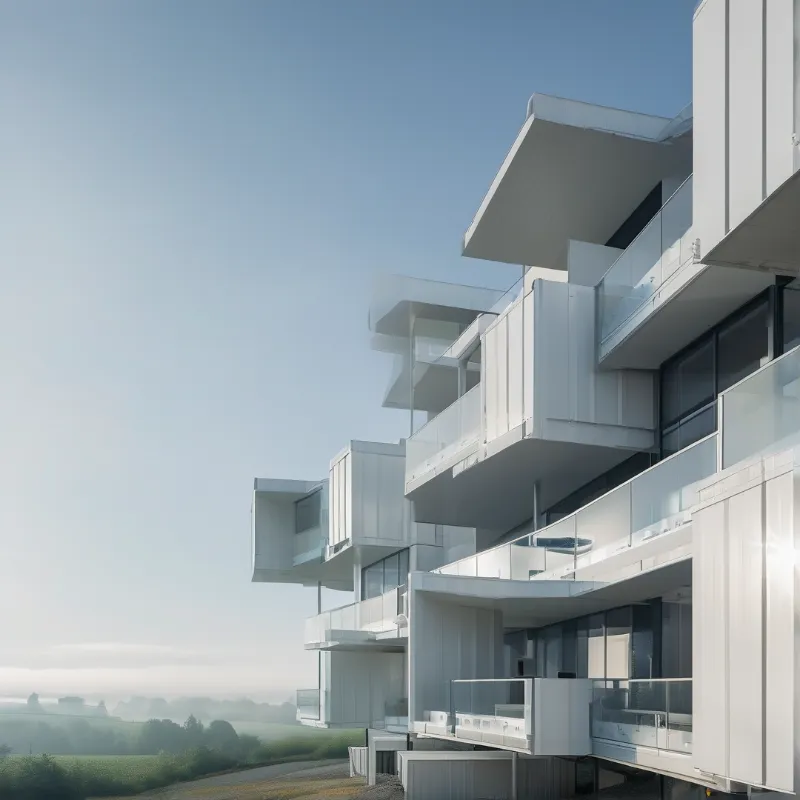 Modern white building with stacked balconies and glass railings viewed against a hazy blue sky and distant forest.