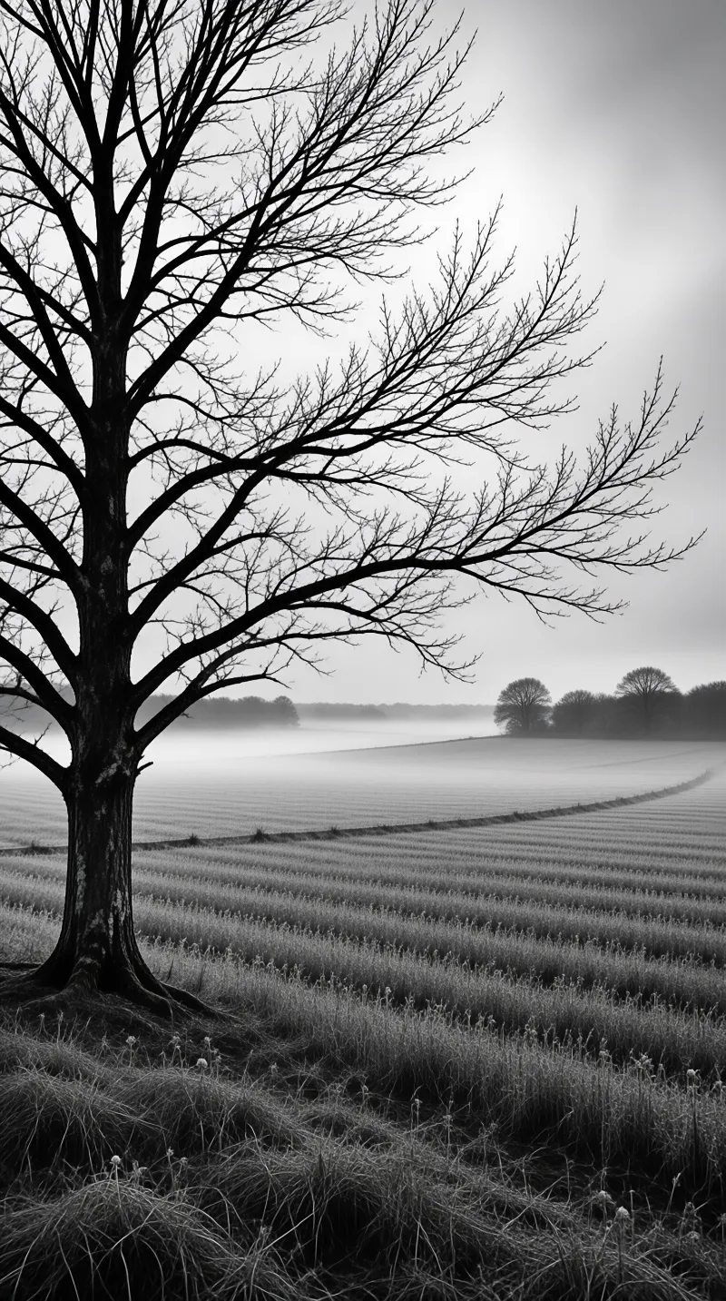 Bare Tree in Misty Field