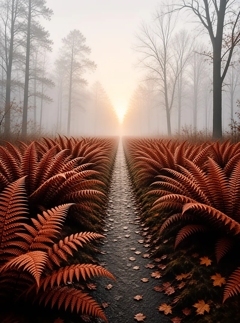Rust colored ferns line a straight leaf strewn path that vanishes toward a warm glowing fog on the horizon.