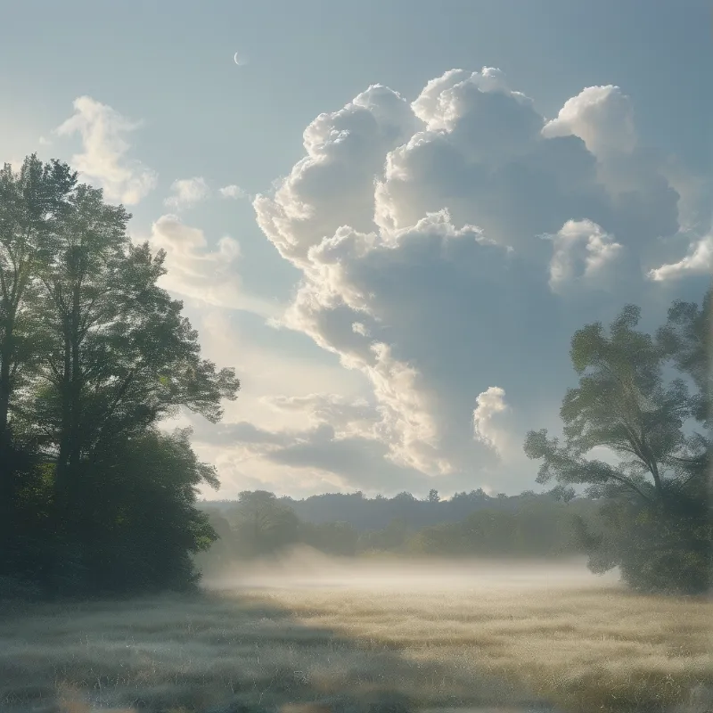 Low fog glows over a quiet meadow while a huge billowing cloud builds beneath a thin crescent moon.