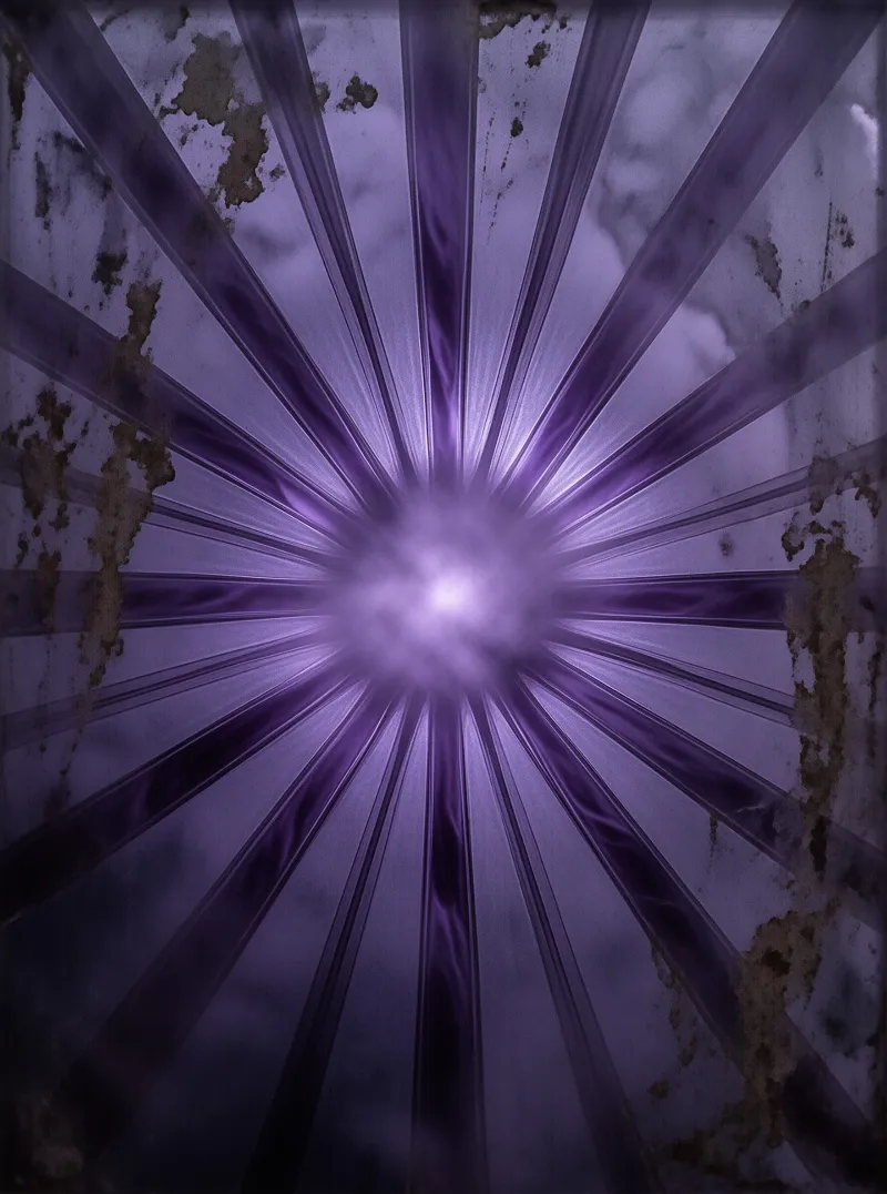A bright purple light radiates from the center against a background of peeling paint and rust.