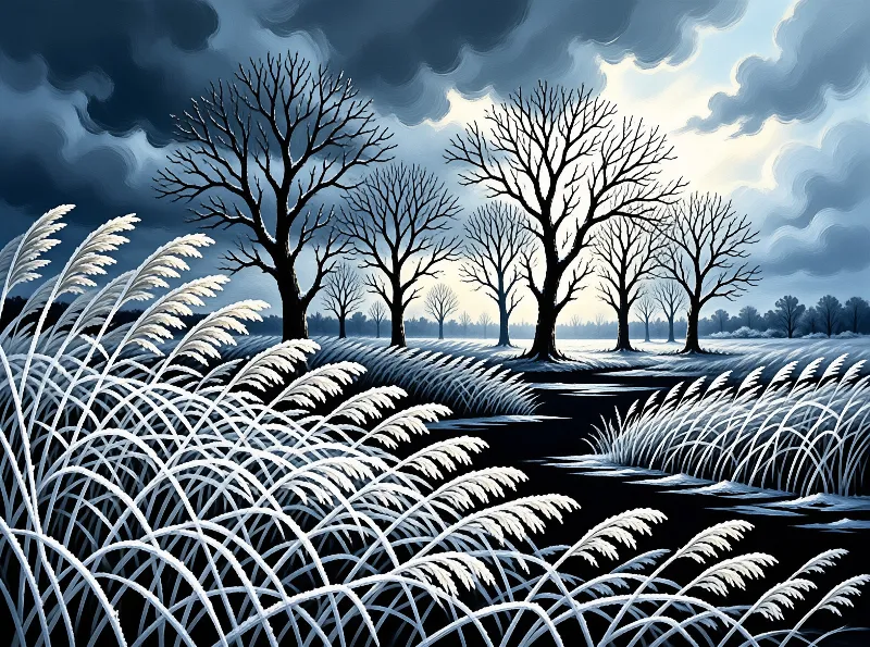A stylized winter scene with bare dark trees and white icy reeds under a swirling blue cloudy sky.