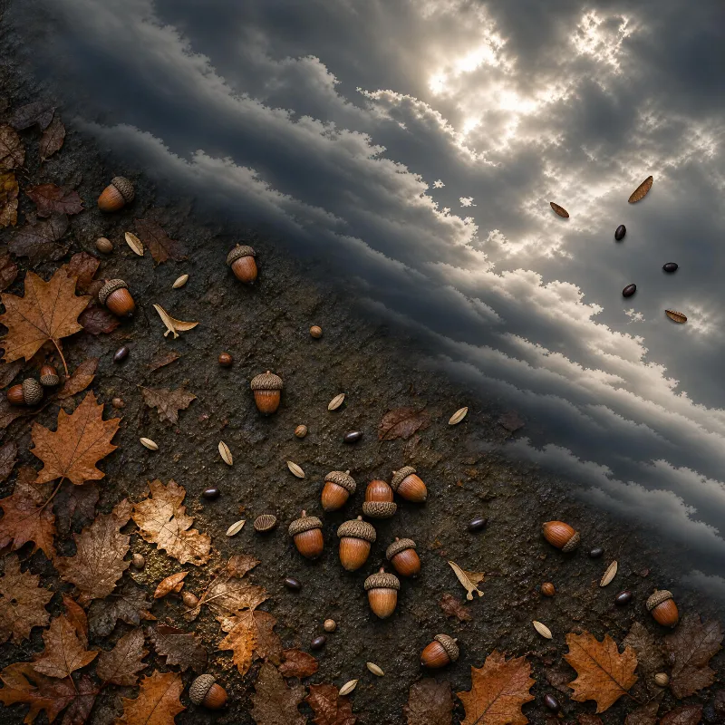 A close-up of acorns and autumn leaves scattered on wet ground, with a dramatic cloudy sky above, featuring warm browns and soft sunlight breaking through