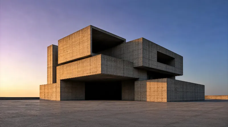 Brutalist Concrete Structure at Sunset