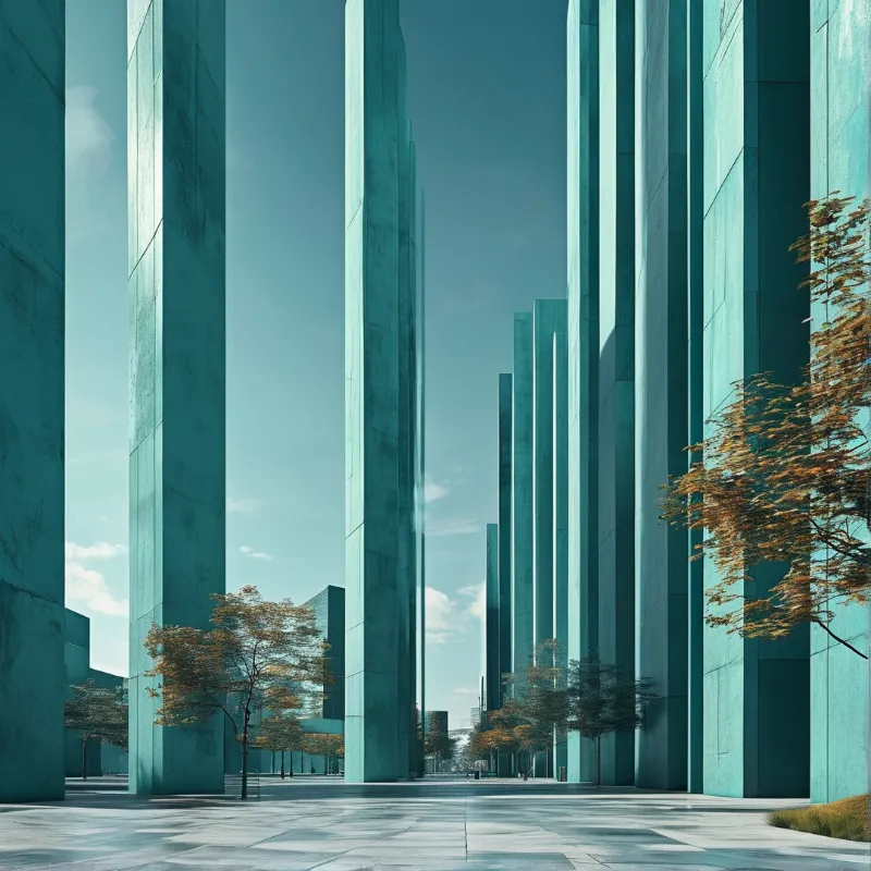 Tall teal concrete pillars line a wide walkway where trees with orange leaves stand against a pale sky.