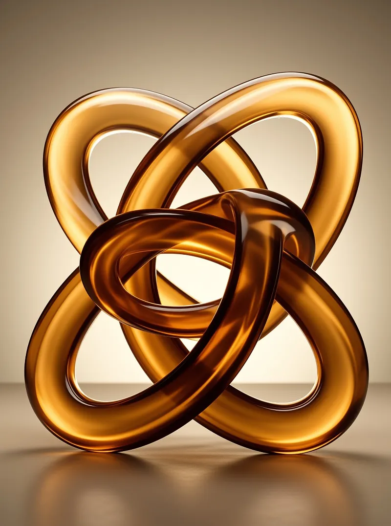 An amber knot sculpture sits on a blurred beige background with soft highlights reflecting off its smooth surface.