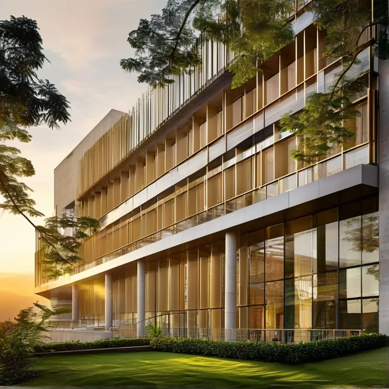 A modern building wrapped in vertical wooden fins and glass glows in warm evening light above a lawn