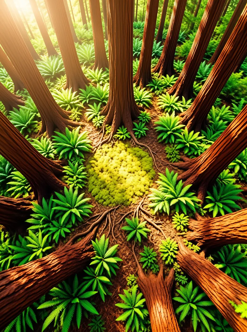Sunlight streams through a dense forest of tall trees illuminating bright green ferns on the ground.