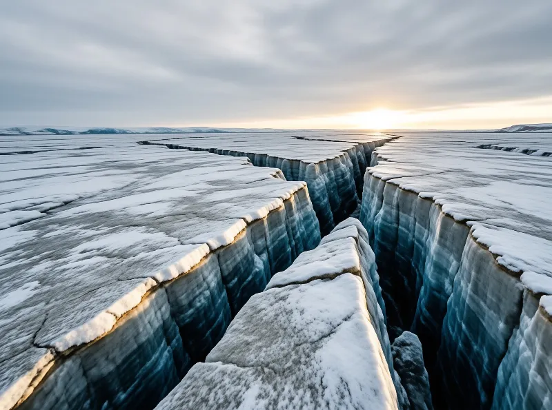A deep icy chasm splits a snowy glacier while a bright sun sets on the horizon behind thin clouds.