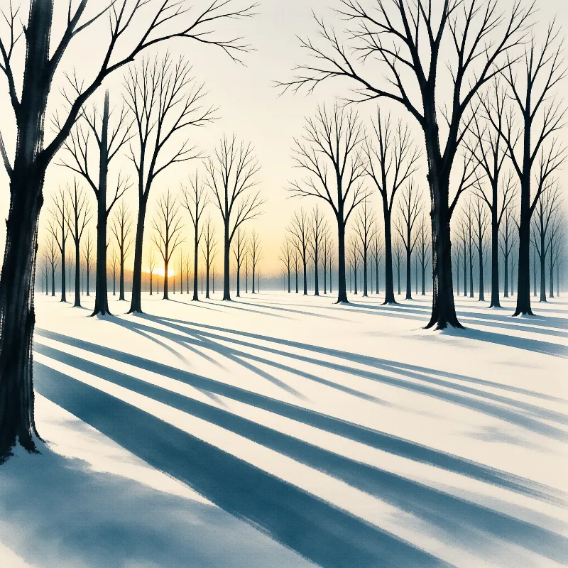 Rows of bare winter trees stand on snow covered ground as low dawn sun casts long dark shadows stretching to the horizon