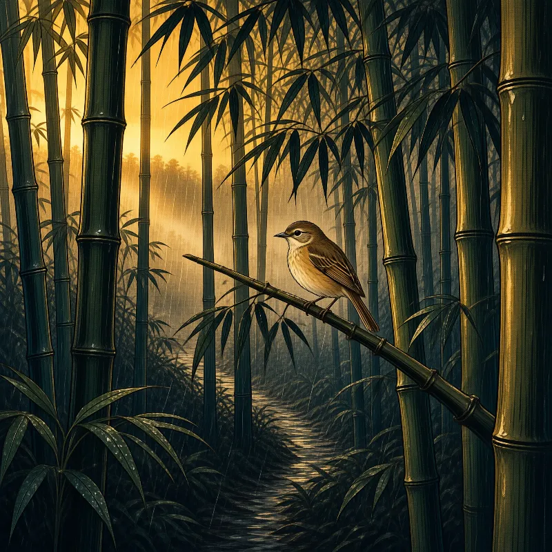A small brown bird perches on a diagonal bamboo branch as warm golden sunlight filters through the misty forest.