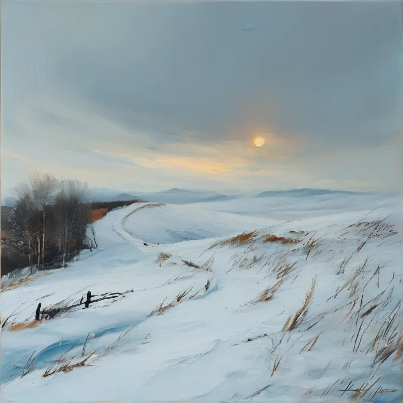 A curving trail traverses white snowfields beside leafless trees beneath a soft glowing sky.
