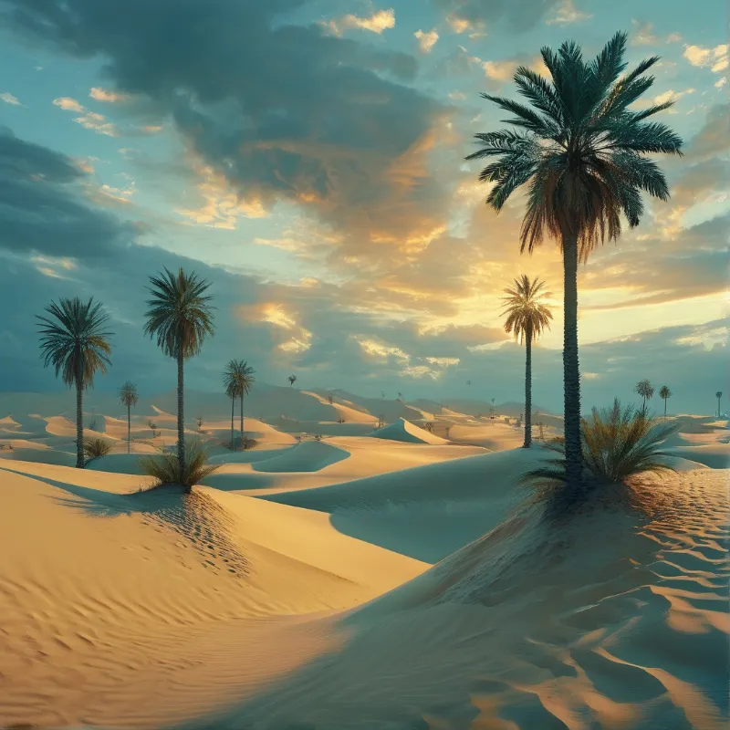 Tall palms dot rolling sand dunes while a warm sun glows behind layered evening clouds