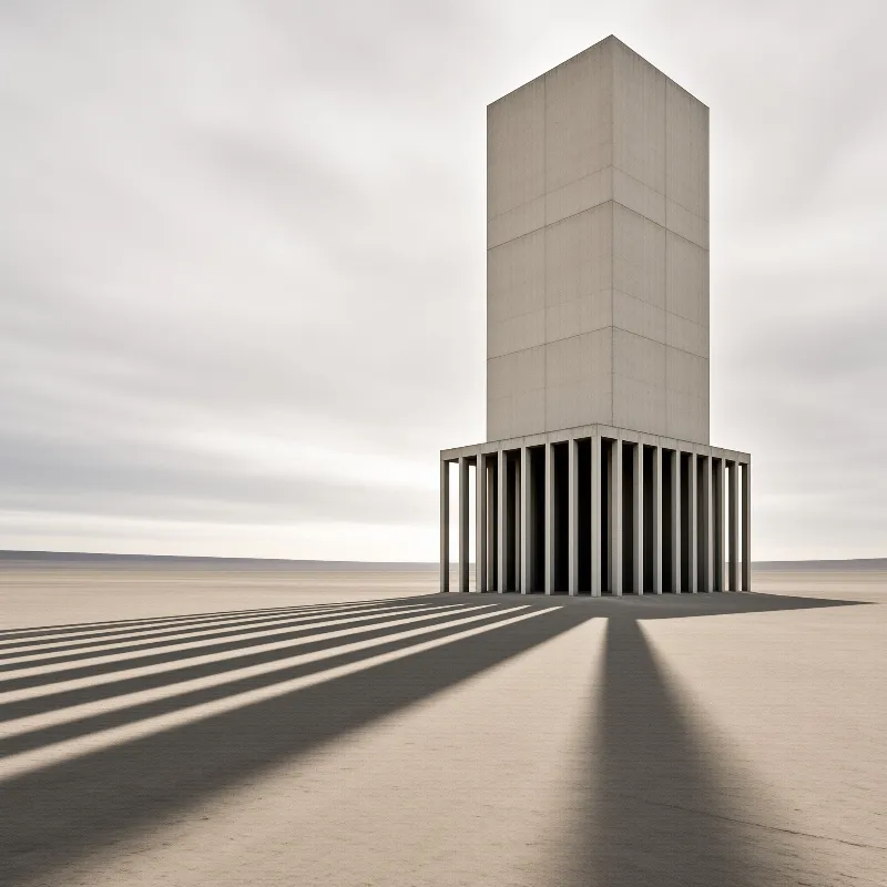 A bare grey monolith stands on thin pillars, throwing comb like shadows across flat desert.