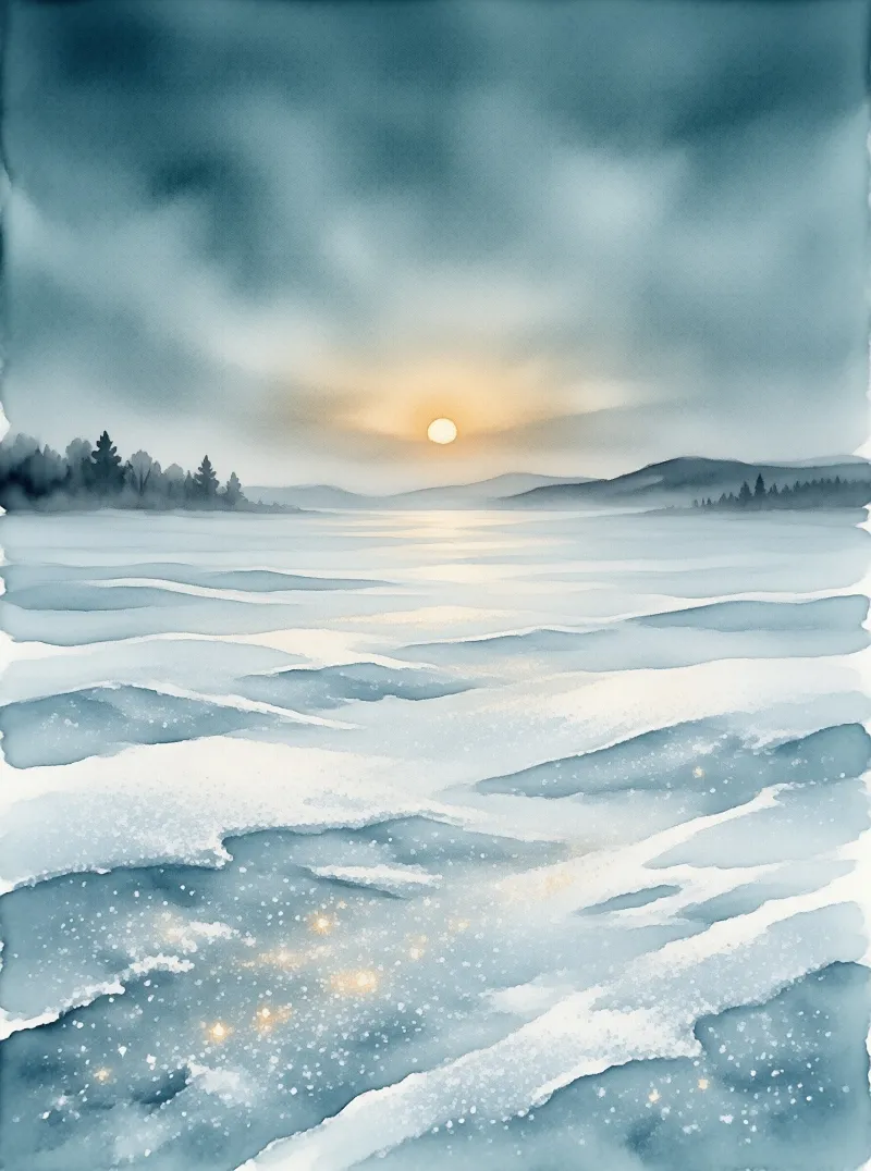 A serene winter landscape shows rolling snowdrifts leading to a dark forest under a pale sun.