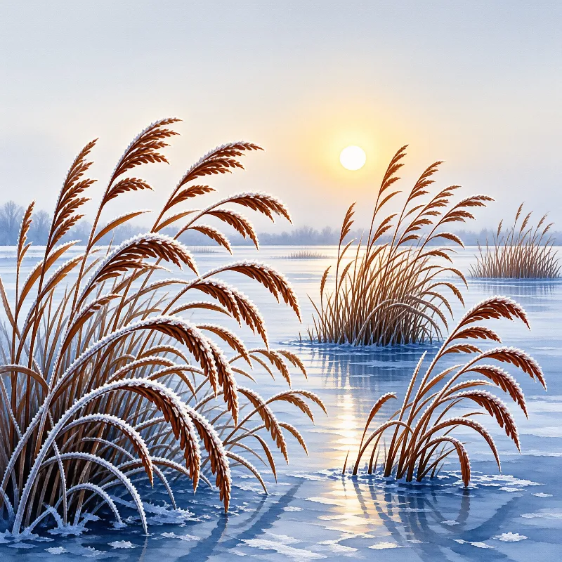 Tall golden reeds dusted with frost stand in a calm frozen lake at soft sunrise.