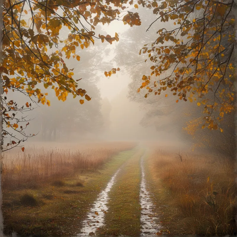 Wet rutted country path winds through misty autumn meadow framed by yellow orange autumn trees, fading into foggy distant woods.