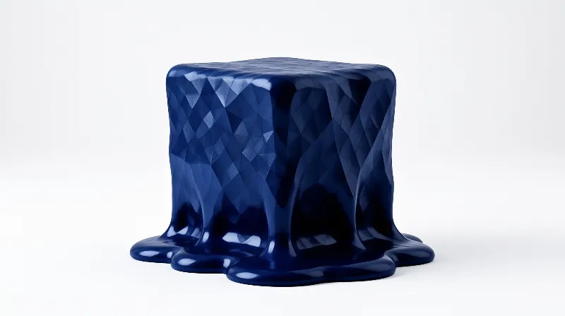 Glossy deep blue object resembling a melting cube with faceted geometric patterns pooling against a white background.