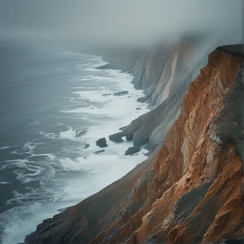 Steep rocky headlands rise above crashing white waves while low hanging fog covers the horizon.