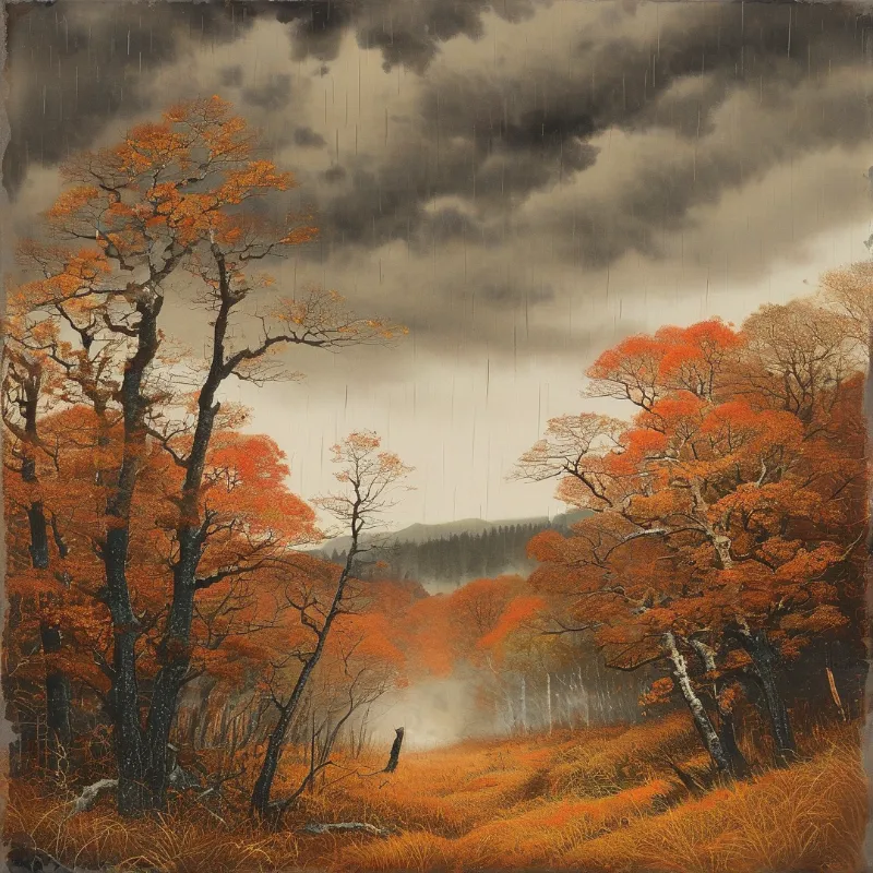A landscape painting showing autumn trees with vibrant leaves in a misty valley beneath dark storm clouds
