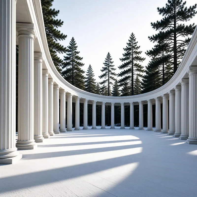 A sweeping semicircle of pale classical columns curves around a bright plaza, tall pines rising behind against a clear sky.
