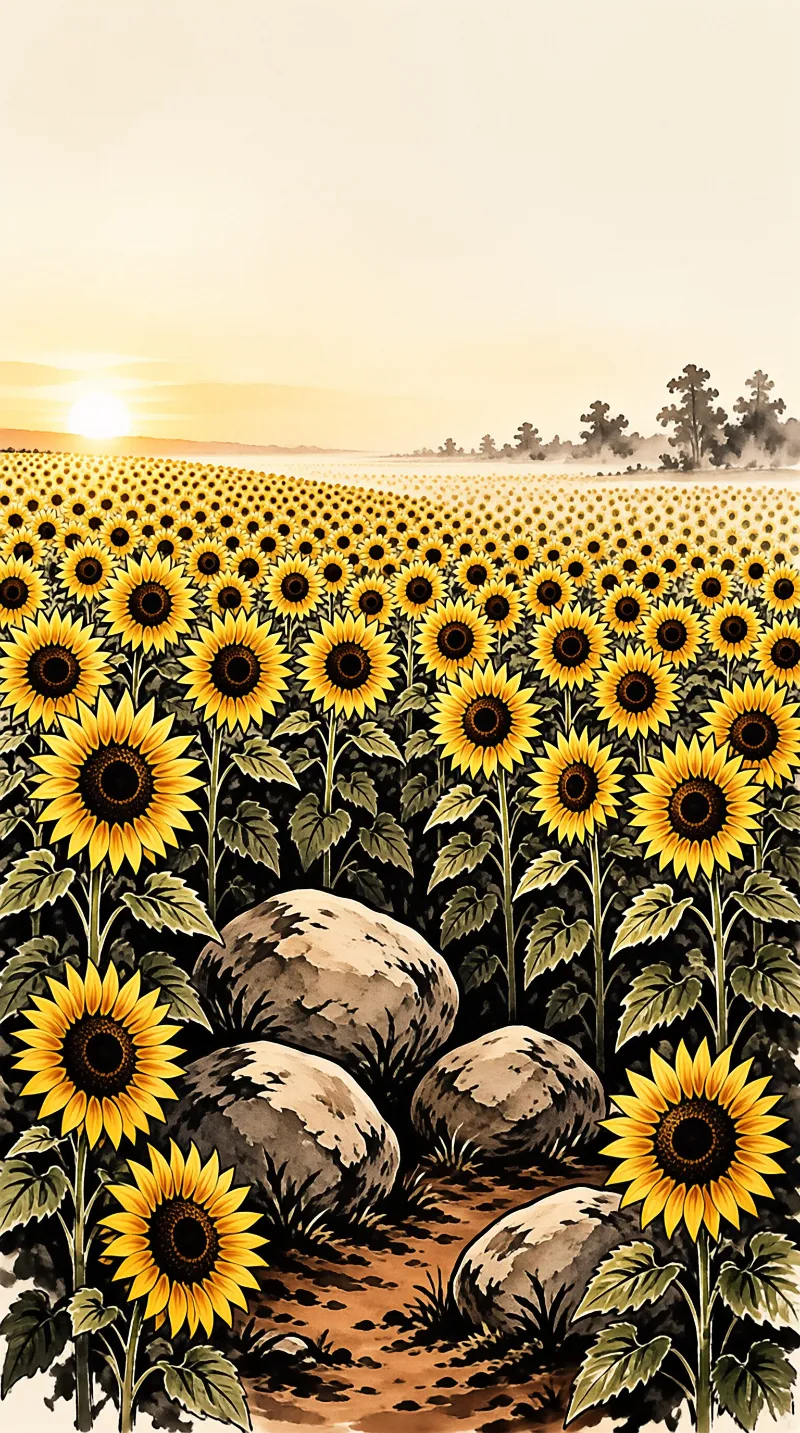 A vast field of sunflowers extends to the horizon with large rocks in the foreground bathed in golden light.