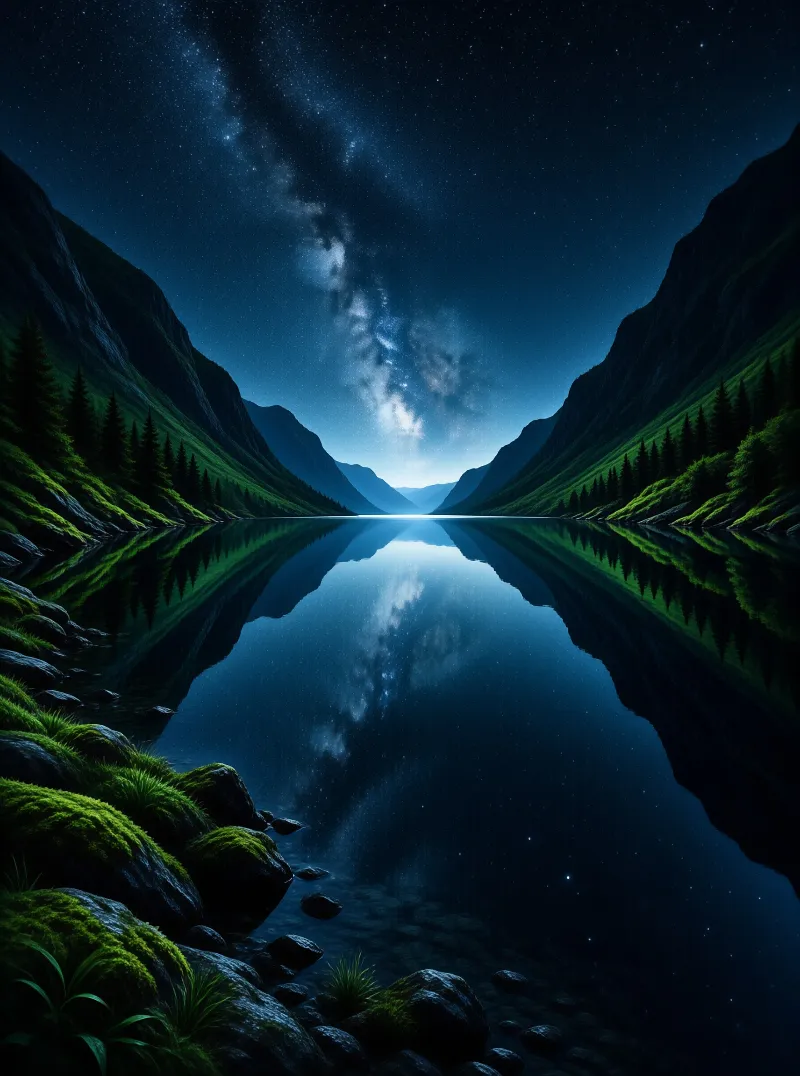 A dark mountain valley at night where a calm lake perfectly reflects the stars and the Milky Way, framed by lush green forested slopes and mossy rocks in the foreground.