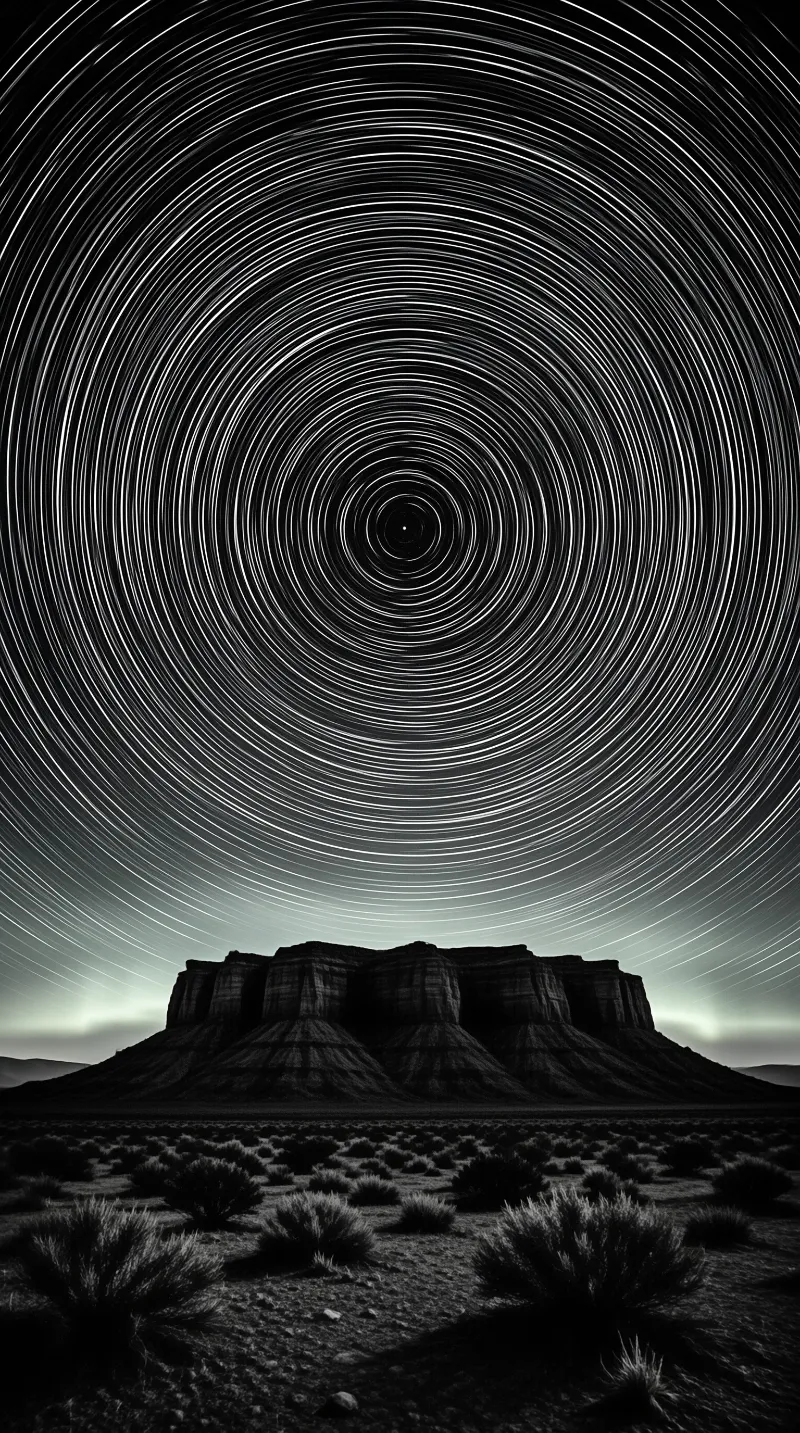 Star trails circle a dark desert mesa with sparse shrubs in the foreground under a night sky.