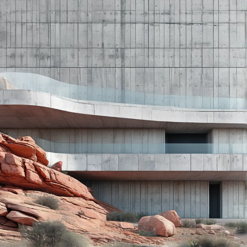 A grey concrete structure with glass balconies stands next to large red sandstone rocks.