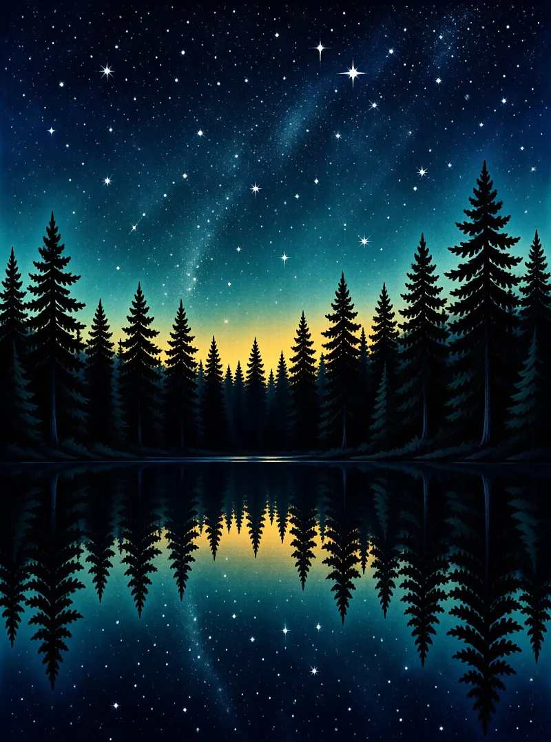 A retro illustration shows pine silhouettes and a glittering teal starfield doubled in still black water.