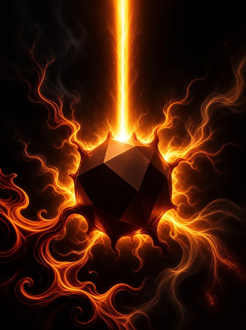 A dark polyhedral gem is wrapped in swirling golden fire, with a bright light column rising from its apex into a black void.