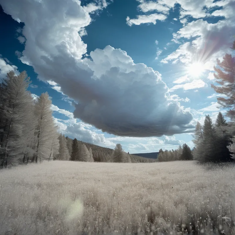 Frosted meadow flanked by coniferous trees beneath sunlit cumulus clouds with bright blue sky and visible sun rays.