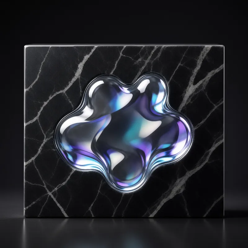 A glossy fluid shape with oily blue and violet highlights rests on a slab of black marble veined in grey.