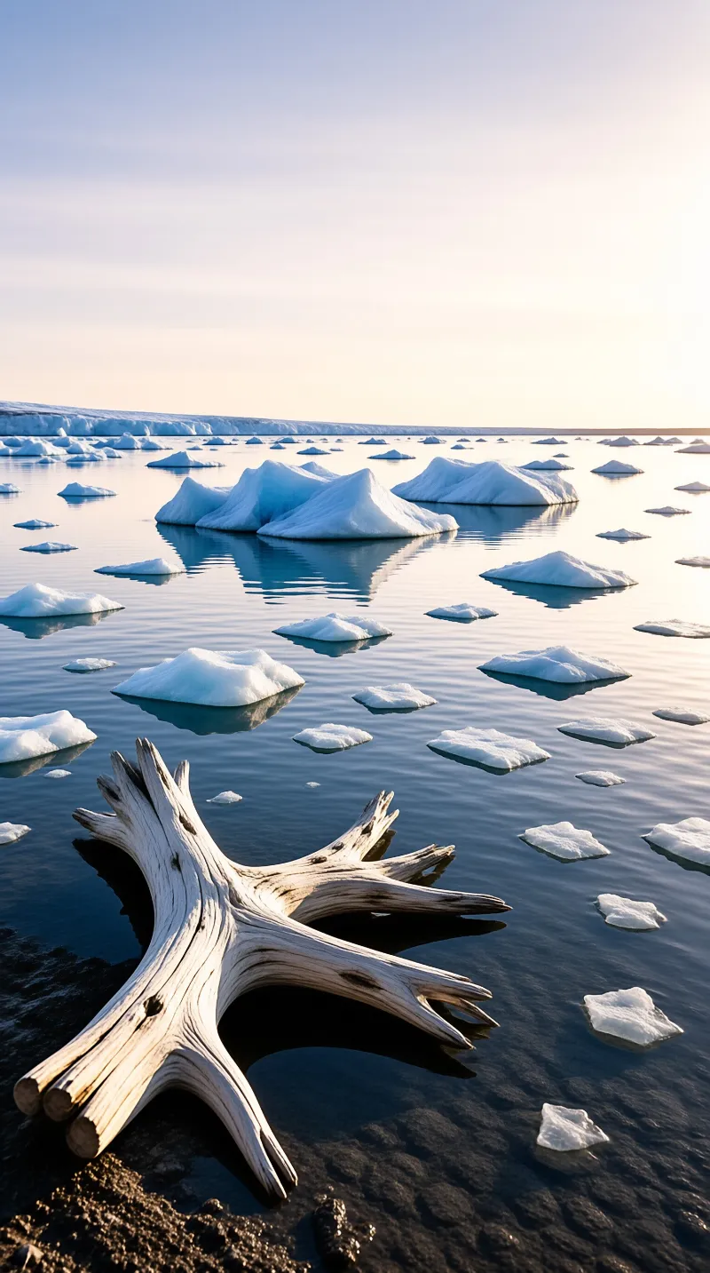 A pale weathered tree root rests on a black shore while small icebergs float across a calm arctic lagoon
