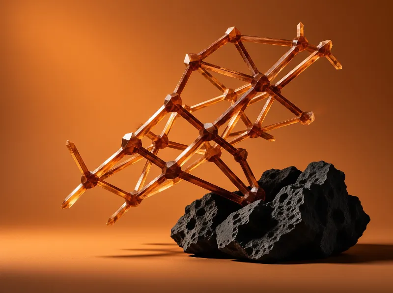 A transparent amber lattice structure rests on a porous black rock under warm orange studio lighting.