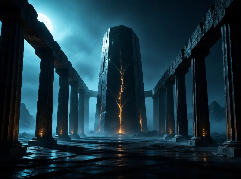 A massive stone monolith stands between ancient columns with glowing cracks lit by moonlight and warm lanterns.