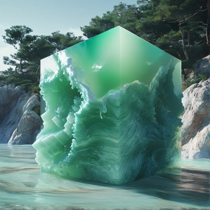 A large translucent green block with swirling patterns sits in calm water near rocky cliffs and pine trees.