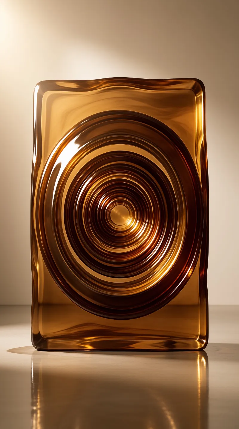 A rectangular amber glass block stands on a smooth surface featuring a deep swirling circular pattern and warm light.