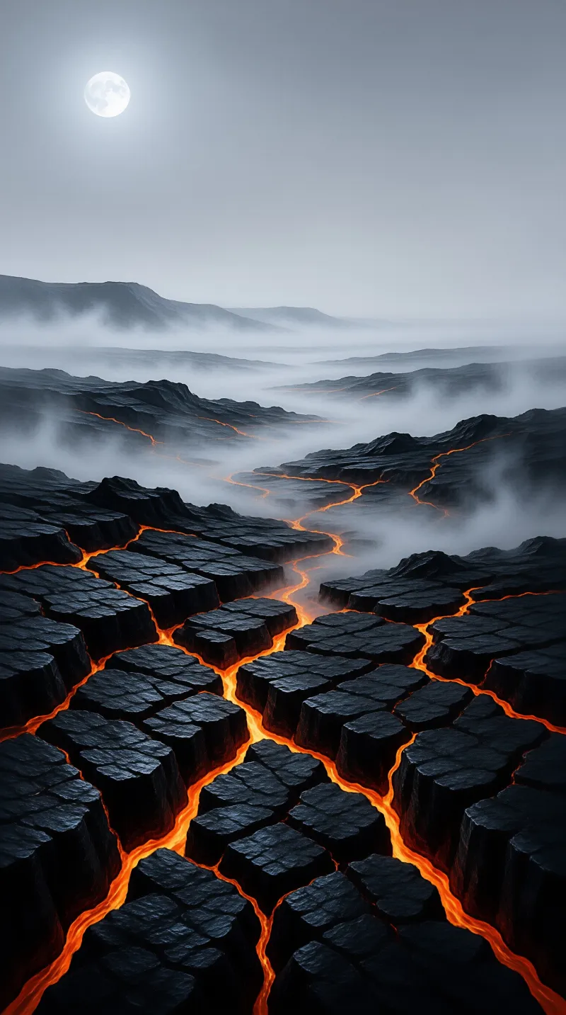 Orange lava streams burn through fissures in dark basalt while mist rolls beneath a bright full moon.