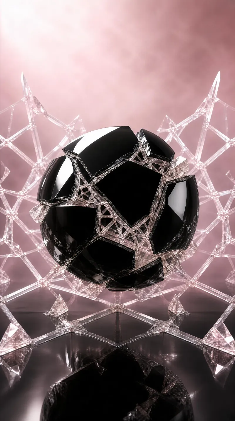 A black shattered sphere with cracked edges is surrounded by a clear geometric structure against a soft pink background with a bright light above.