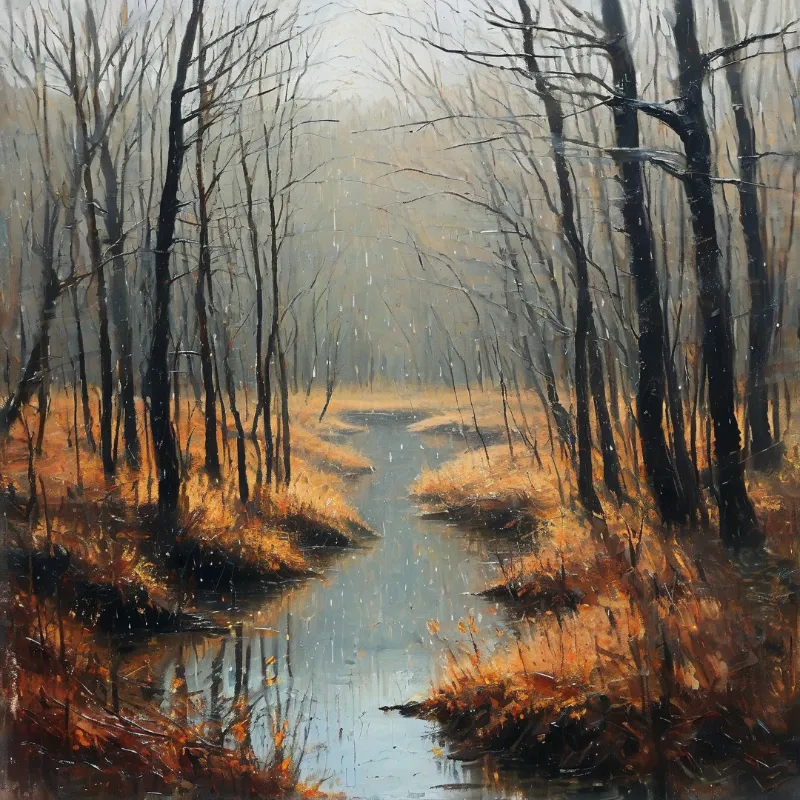 An impressionistic painting of a stream flowing between dark trees and golden undergrowth under a grey overcast sky.