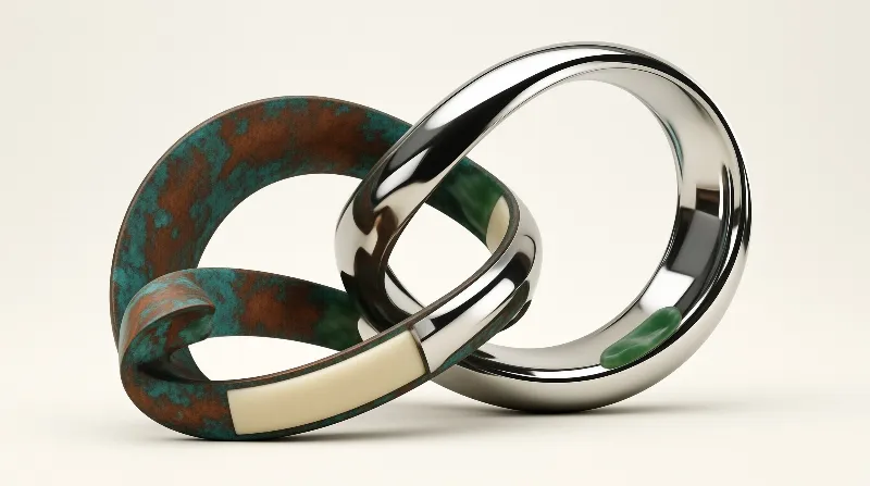 Shiny silver and green patinated copper rings are interlocked on a beige surface with soft lighting.