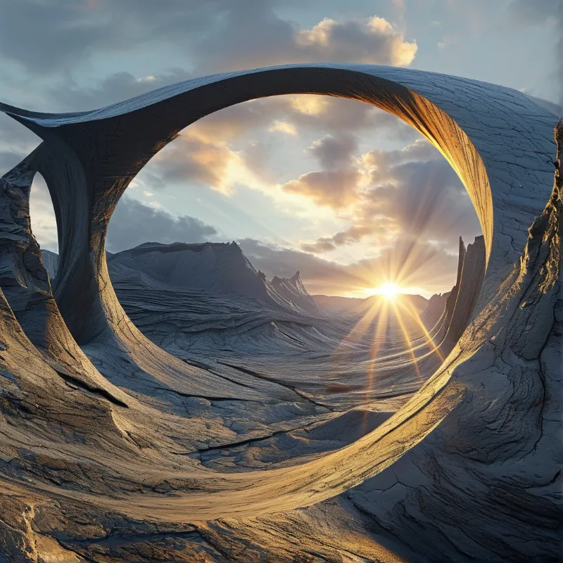 A massive sculpted rock arch frames a golden sunset over a rugged desert valley with distant peaks.