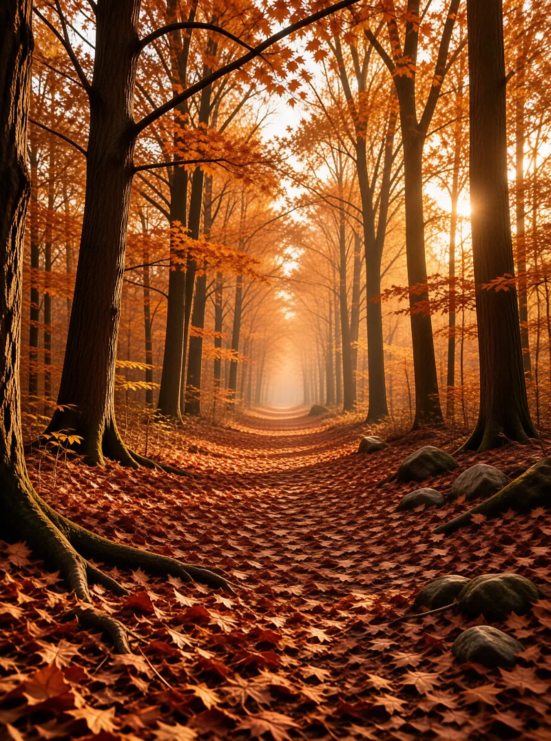A tree lined path fades into golden haze with tall trunks and a carpet of fallen orange maple leaves.