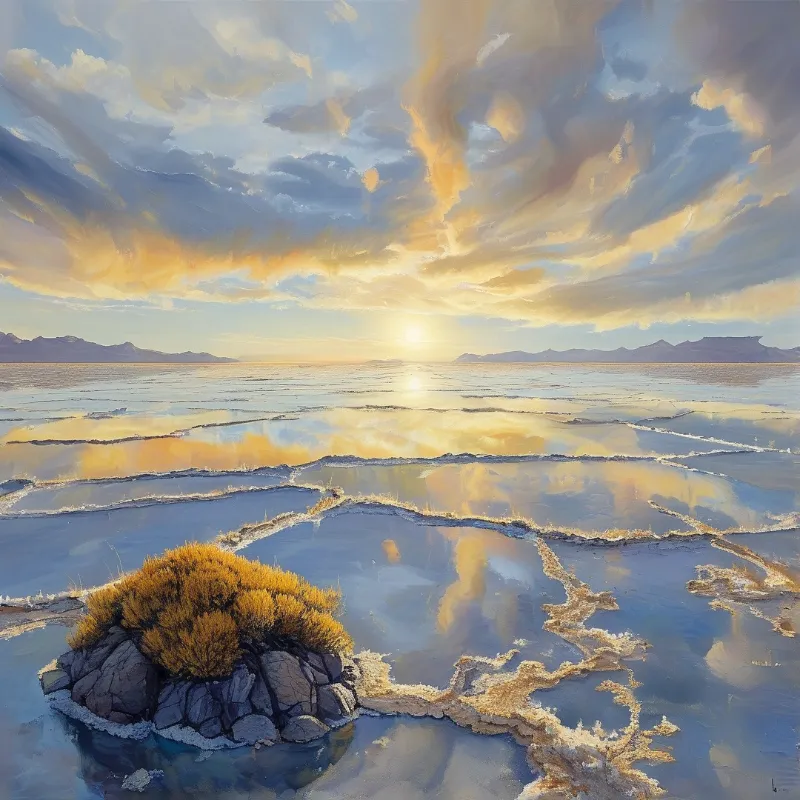 A lone rocky islet with golden bushes sits in a shallow salt flat under a dramatic sunset sky reflecting across the water