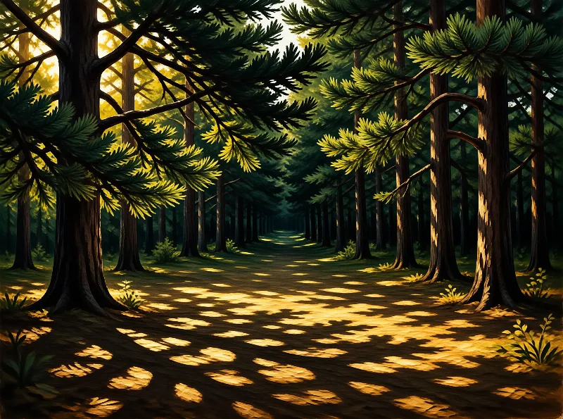A path winds through a pine forest where golden sunlight filters through branches to create dappled patterns on the ground.