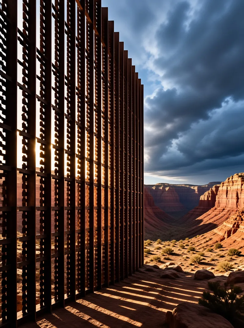Tall vertical metal slats cast shadows across the ground while overlooking a vast red rock canyon under stormy skies.
