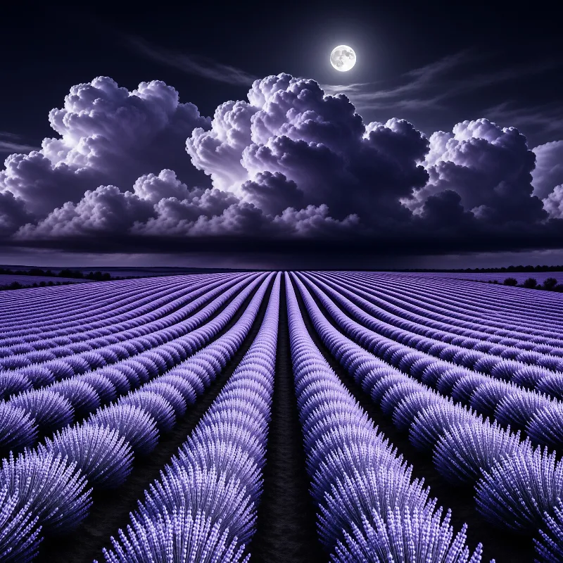 Purple lavender rows stretch toward the horizon beneath dark clouds glowing beside a bright moon.