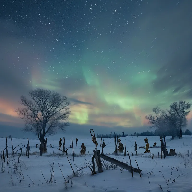 Aurora and Statues in Snow