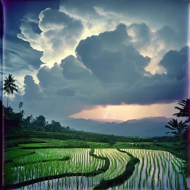 Flooded tiered rice fields fill a tropical valley below distant mountains, lightning flashing under heavy overcast dusk sky.